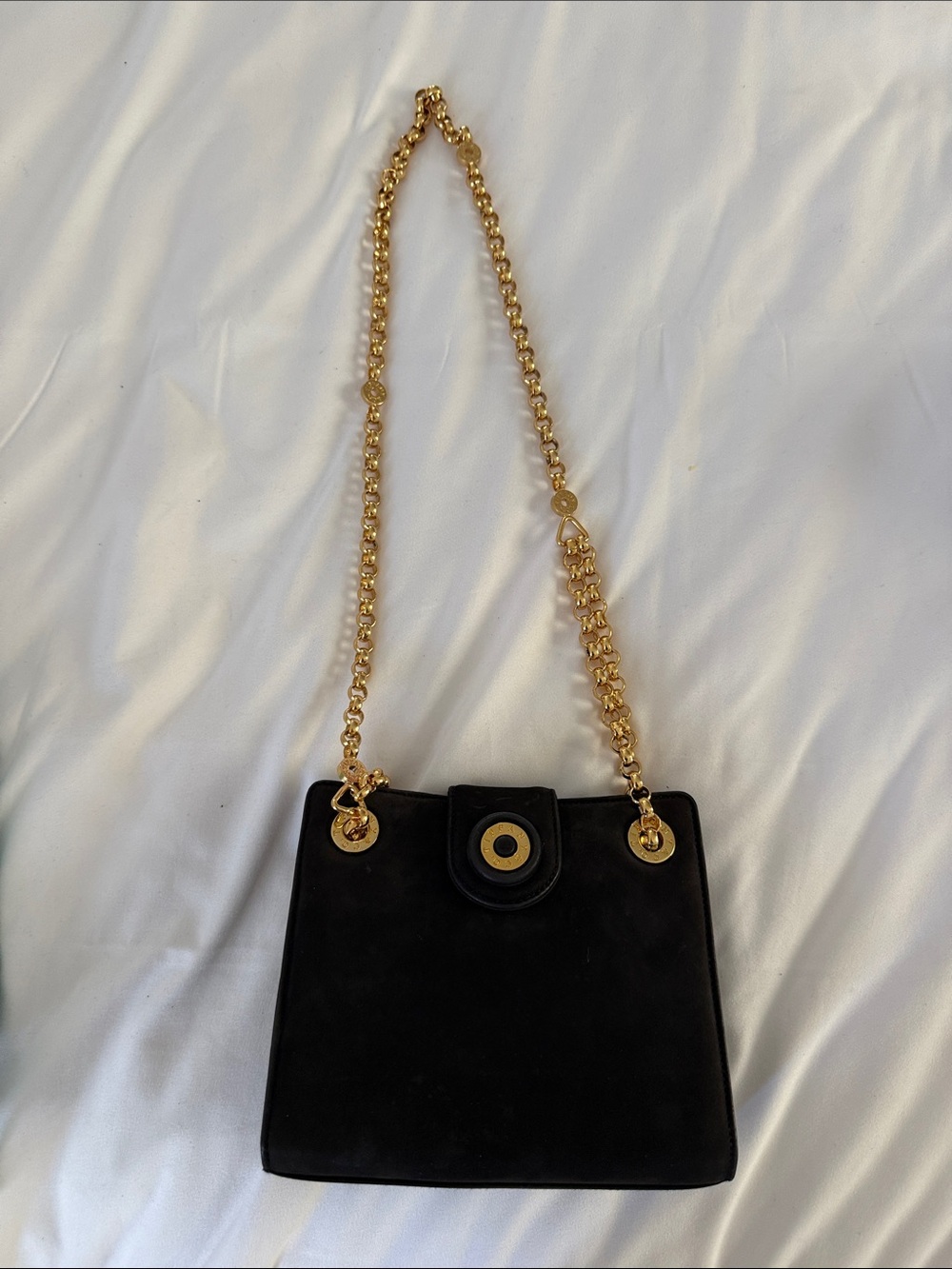 Tiffany & Co. Black Suede Shoulder Bag with Gold Chain Strap